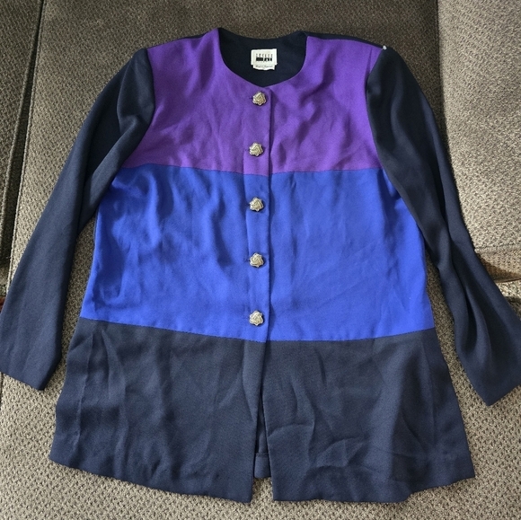 Vintage Leslie Fay Jacket Women 16 Color Block Padded 5Button Embroidered Career - Picture 7 of 14